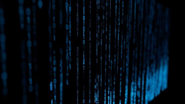 Blue binary code flowing downward on a black background. Digital data stream representing internet security and cybersecurity. Modern information technology concept.