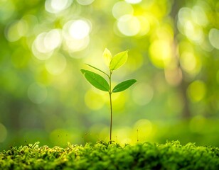 Small plant growing on green moss, sunlight, bokeh background