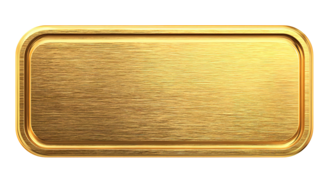 A rectangular gold metal plate with rounded corners and a brushed texture
