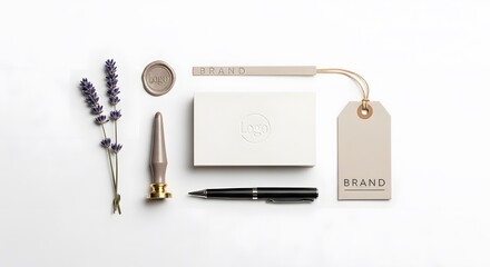 Elegant office supplies arranged on a clean background, evoking sophistication and a sense of refined taste. The composition includes lavender flowers and various stationery items