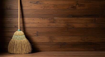 A traditional natural fiber broom leaning against a rustic textured wooden wall, ready for sweeping and household cleaning tasks ,eco friendly ,domesticity ,tool