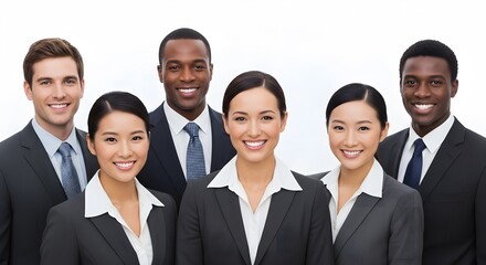 A professional and diverse team of colleagues is shown, each individual radiating confidence and presenting a polished appearance. The group showcases their unity and expertise.