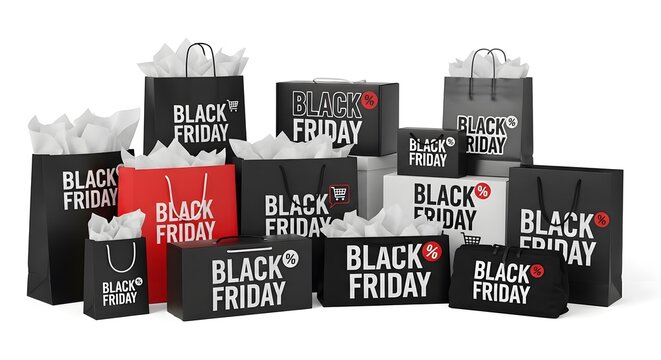 Black Friday shopping bags arranged in a promotional display, showcasing a variety of sizes and designs