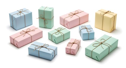 A collection of colorful wrapped gifts tied with string, ideal for any celebration. Each present features a pastel hue, arranged neatly