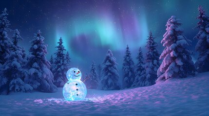 Obraz premium A glowing snowman stands in a snowy landscape under the vibrant Northern Lights display.