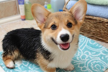 Obraz premium Adorable Corgi Puppy with Big Smile Relaxing on Soft Rug in Bright Bathroom Setting Surrounded by Bath Products and Cozy Towels