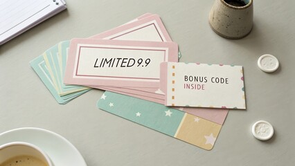 Cards with text and decorative elements on a table