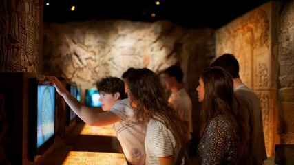 Narrativedriven gallery scene showing visitors listening attentively to storybased exhibits that reveal cultural history through immersive storytelling.