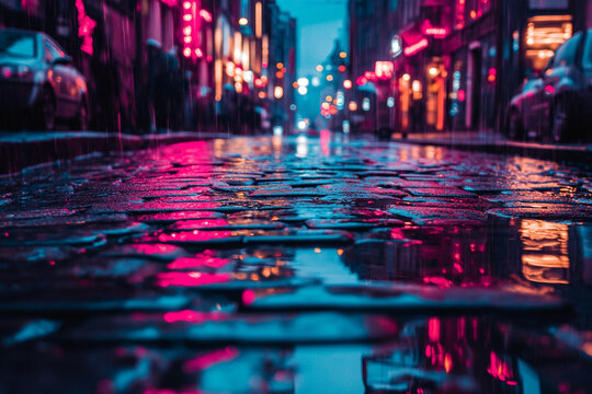 cobblestone street reflecting neon lights in futuristic rainy city