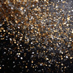 A cascade of gold and silver confetti falling against a dark background creating a festive atmosphere
