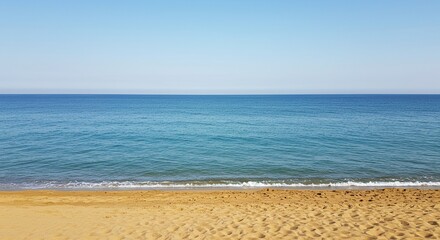 A tranquil coastal landscape showcasing the vast ocean meeting the clear sky at the distant horizon, with golden sand in the foreground ,sand ,empty ,vacation
