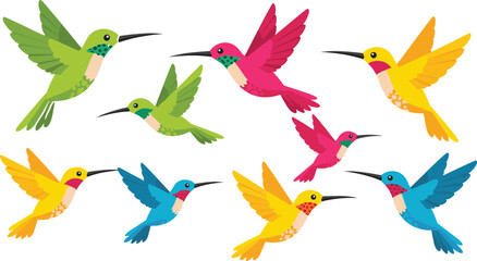 Set of nine colorful hummingbird illustrations in dynamic flight poses with vibrant wings and stylized nature-inspired design