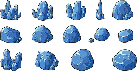 Stylized blue crystal and rock formation set, cartoon-style environmental assets for fantasy, sci-fi, game design, and digital art