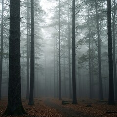 A tranquil forest shrouded in thick fog, with towering trees disappearing into the ethereal haze, evoking a sense of calm ,hazy ,scenic ,forest