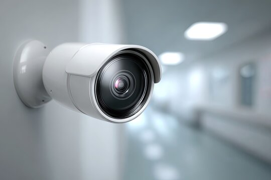 Closeup Security Camera On Wall In Hospital Corridor