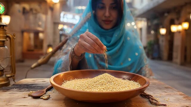 Woman in blue scarf handling grains