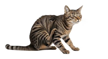 Brown Tabby Cat Scratching Itself on White Background.