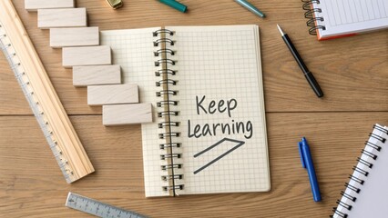 Inspiring Workspace for Continuous Education with Notebook, Stationery, and Building Blocks on Wooden Background