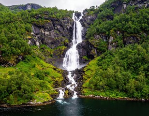 Fototapeta premium Majestic waterfall cascading into fjord. Lush greenery surrounds rocky slopes