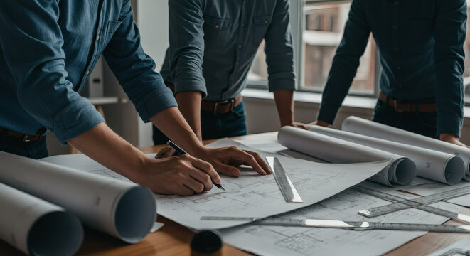 Professional architects collaborate intently on blueprints and project plans at a modern office desk, driving innovation