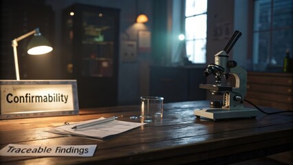 Laboratory workspace with microscope, glass container, and documents highlighting research and scientific experimentation process