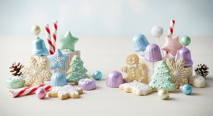 A festive assortment of pastel-colored Christmas cookies, candies, and holiday decorations on a light background.