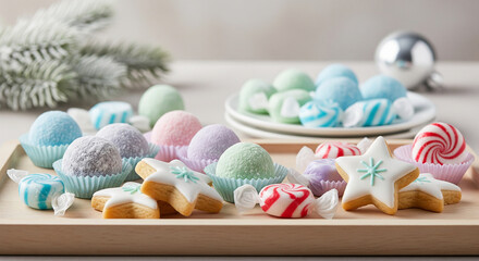 A delightful assortment of festive Christmas candies and cookies, including a gingerbread man, star cookie, candy cane, and wrapped sweets.