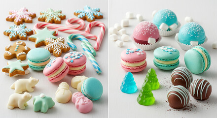 Festive assortment of holiday treats, including cookies, macarons, candies, and truffles, arranged on a surface.