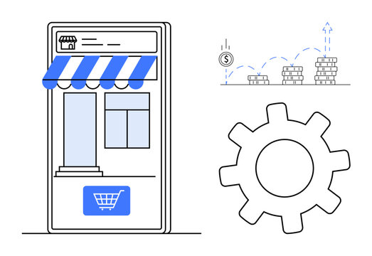 Mobile storefront with shopping cart, gear for settings, stack of coins showing profit growth. Ideal for e-commerce, business growth, financial strategy, online retail, app development, profit