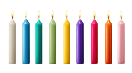 Festive colorful birthday candles with flame isolated on transparent background
