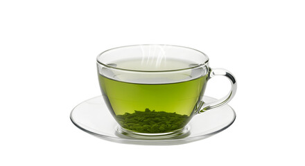 Clear glass cup filled with healthy green tea beverage.