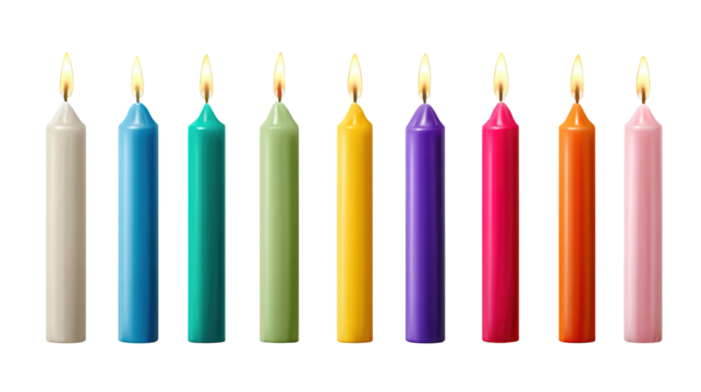 Festive colorful birthday candles with flame isolated on transparent background