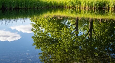 Obraz premium Serene water reflection showcases a lush environment, featuring vibrant green trees and clear blue sky. Environment in reflection reveals natural beauty of sky, trees, and grass.