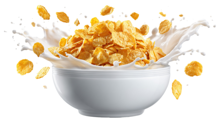 This image shows a white bowl filled with cornflakes and milk. The milk is splashing up around the bowl, and some of the cornflakes are flying into the air, suggesting motion—like the milk was just po