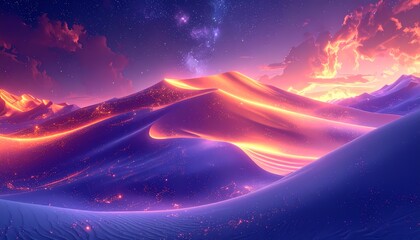 Vibrant Neon Desert Landscape with Glowing Dunes and Cosmic Sky.