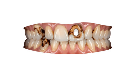 Close up of a set of rotten and decaying teeth.