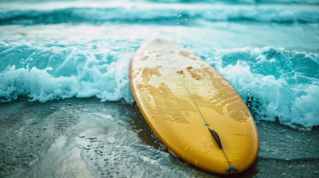 A yellow surfboard rests on the shore as waves crash around it - Powered by Adobe