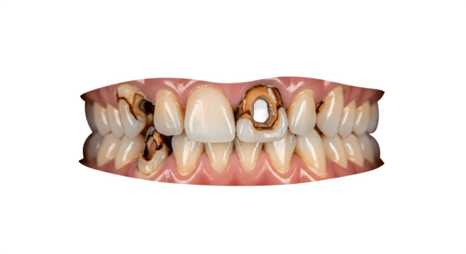 Close up of a set of rotten and decaying teeth.