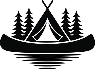 Obraz premium Camping scene with canoe tent and pine trees silhouette