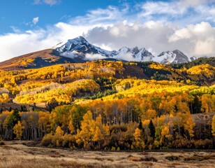 Autumn mountains, snow-capped peaks, golden foliage