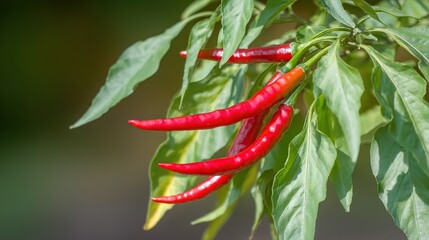shallow. Close-up view of red chili peppers among green leaves in natural light. gardening catalogs, home-decor guides, designed for gardening and botanical catalogs, used by photographers.