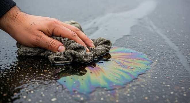 Oil spill cleaned up with rag on asphalt surface. Removing oil spill involves absorbent material and hand wiping.