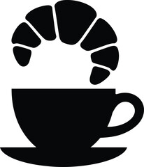 Simple silhouette icon of a croissant and coffee cup for breakfast or cafe themes