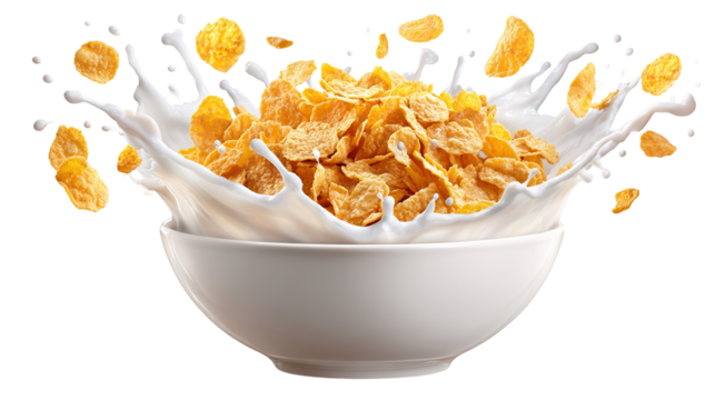 This image shows a white bowl filled with cornflakes and milk. The milk is splashing up around the bowl, and some of the cornflakes are flying into the air, suggesting motion—like the milk was just po