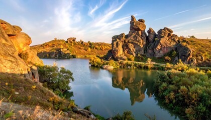 Rocky landscape, serene lake, golden hour