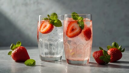 Refreshing strawberry mint sparkling water with ice in summer light
