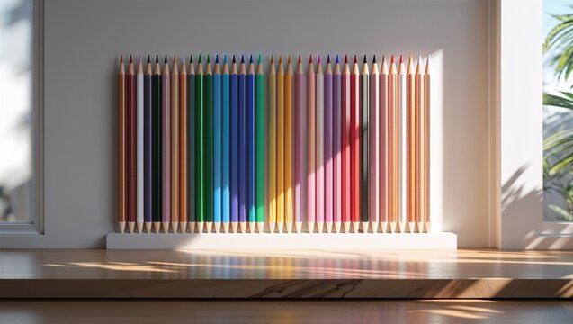 colored pencils on a glossy white tabletop