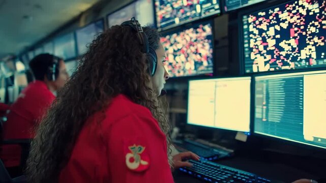 Medium shot of a focused dispatcher prioritizing a medical emergency call efficiently assessing symptoms and dispatching urgent help in a busy control room.