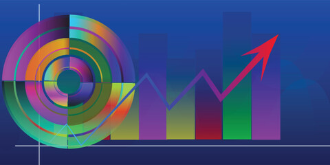 Fototapeta premium Financial growth concept illustrated with vibrant, colorful charts and an ascending red arrow on a blue background.