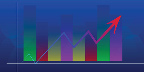 A colorful bar chart with a rising red arrow indicating financial growth, success, and positive results.